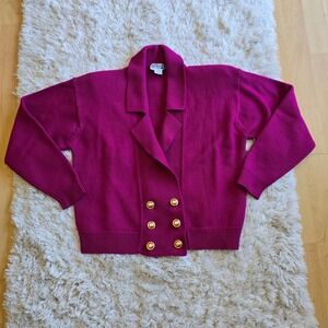 Adele Joyce Vtg Pink Merino Wool Double Breasted Cardigan Sweater Gold Button